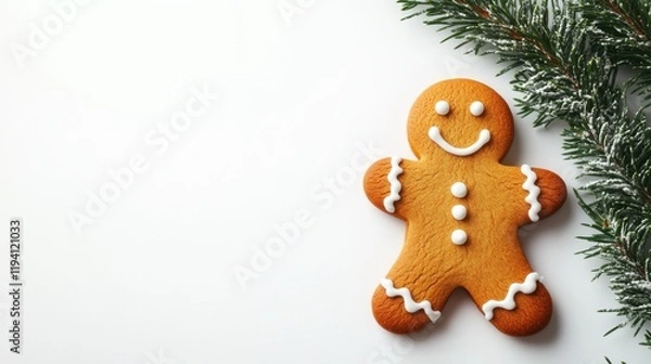 Fototapeta Cheerful Gingerbread Cookie with Icing on White Background