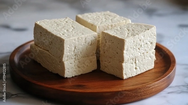Fototapeta Fresh Tofu Blocks on Wooden Plate Displayed on Marble Surface