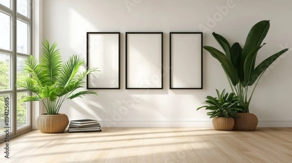 Obraz Modern Minimalist Interior with Empty Frames and Indoor Plants