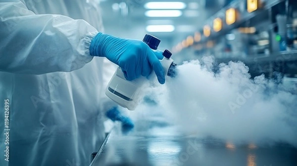 Fototapeta Scientist in sterile lab coat and gloves handles liquid nitrogen in a modern industrial setting.