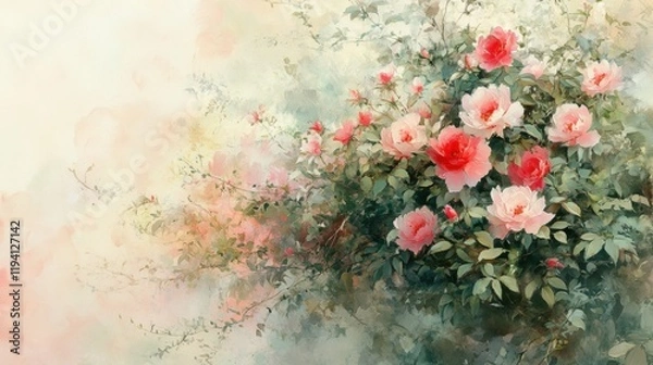 Fototapeta Beautiful Pink Roses with Soft Green Leaves in Artistic Style