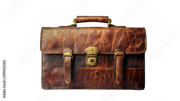 Fototapeta A vintage brown leather briefcase with brass hardware, isolated against a transparent background, showcasing its worn texture and classic design.
