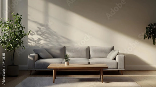 Fototapeta A pastel-themed living room with modern furniture and natural light with copy space, 3d rendering