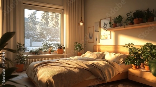 Fototapeta A serene Scandinavian-style bedroom with a light wooden bed frame, layered blankets in soft neutral tones, snow-dusted potted plants on wooden shelves, and warm light from a hanging pendant lamp,