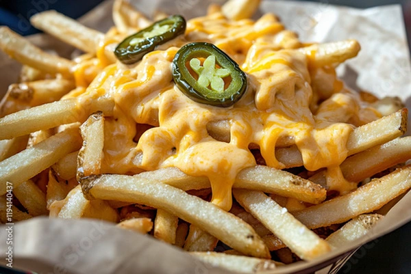 Fototapeta A close-up view of fries with cheese sauce and jalapeño slices on top. (Generative AI)