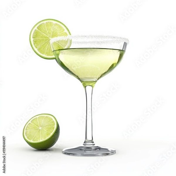 Fototapeta A chilled margarita in a classic margarita glass with a salted rim and a wedge of lime on the side, the liquid a translucent green, isolated white background