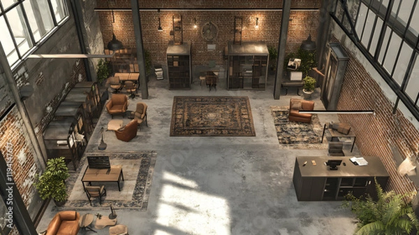 Fototapeta Cozy loft with modern decor and rustic details. 3d rendering