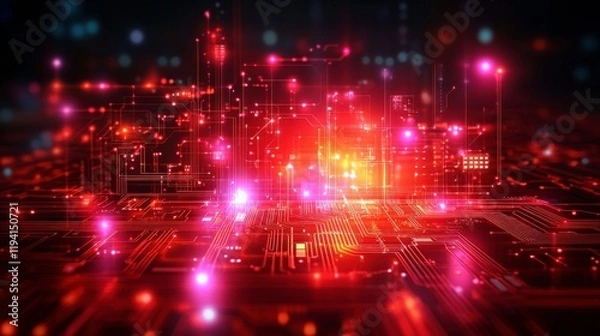 Obraz Abstract Technology Background with Glowing Red Circuit Board and Digital Data Flow in Futuristic Style for Sci-Fi and Tech Themes