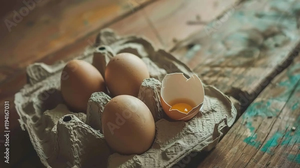 Fototapeta Empty egg carton on rustic wooden table with cracked eggshell, symbolizing food scarcity and supply chain challenges in modern agriculture and economy.