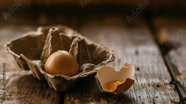 Fototapeta Empty egg carton on rustic wooden table with cracked eggshell, symbolizing food scarcity and supply chain challenges in modern agriculture and economy.