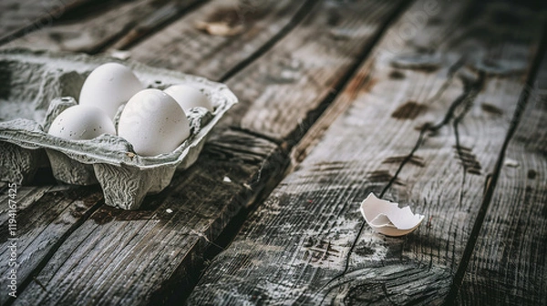 Fototapeta Empty egg carton on rustic wooden table with cracked eggshell, symbolizing food scarcity and supply chain challenges in modern agriculture and economy.