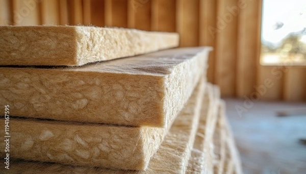 Fototapeta Insulation Material: Stacked Fiber Batts for Home Construction Projects, Enhancing Energy Efficiency and Comfort.