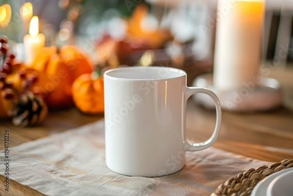 Fototapeta Empty White Coffee Mug on a Rustic Table with Autumn Decor, Mug mockup