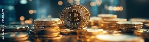 Fototapeta The Bitcoin cryptocurrency coin on a surreal landscape.