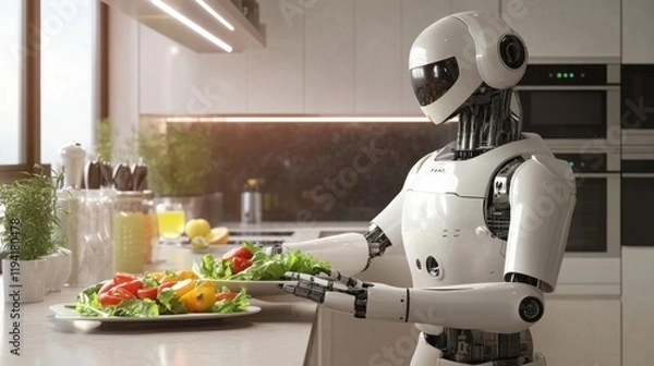 Fototapeta Futuristic Robot Chef Preparing Fresh Ingredients in Modern Kitchen, Showcasing Technology and Culinary Arts in a Bright, Contemporary Space