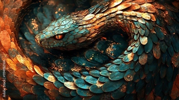 Fototapeta A snake with shimmering emerald and gold scales intricately woven into a vibrant Chinese dragon scale pattern, glowing softly under dynamic lighting,