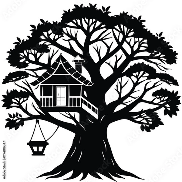 Fototapeta a silhouette of a tree with a treehouse