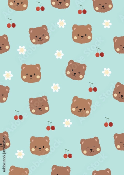 Obraz Brown bear cherry daisy flower on light pink background.Vector seamless pattern.
