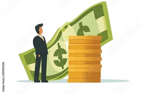 Fototapeta Set cartoon 3d plastic banknote and coin isolated on white background. Realistic cute symbol or icon. Collection sweet glossy money element. Vector illustration for game, banking, finance business.