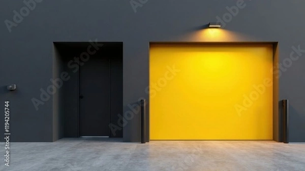 Fototapeta Modern building exterior with contrasting yellow and gray tones, featuring a large roll-up door and a smaller, adjacent entryway, illuminated by a single overhead light.