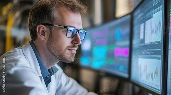 Fototapeta A focused professional analyzes data on multiple screens, showcasing advanced technology and a modern workspace.