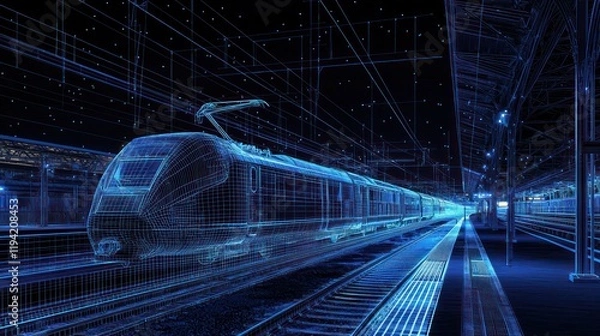 Fototapeta Starry sky-like dark blue wireframe of a modern train at a railway station.