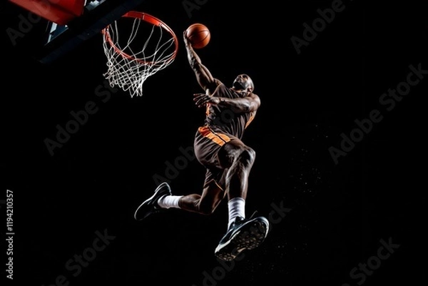 Fototapeta Basketball player in motion performing slam dunk, wearing dark uniform with vibrant stripes on abackground. Concept of athleticism. Ai generative