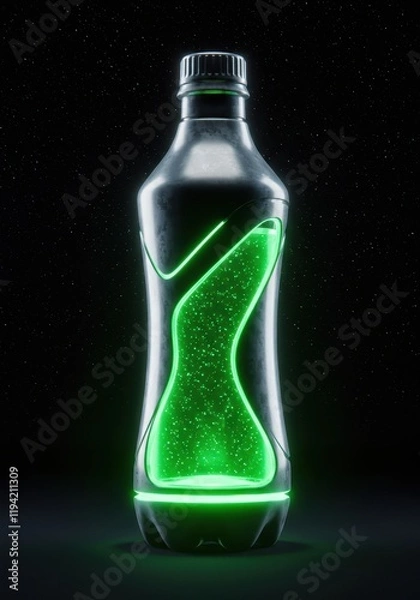 Fototapeta Futuristic glowing bottle with green neon light against starry background