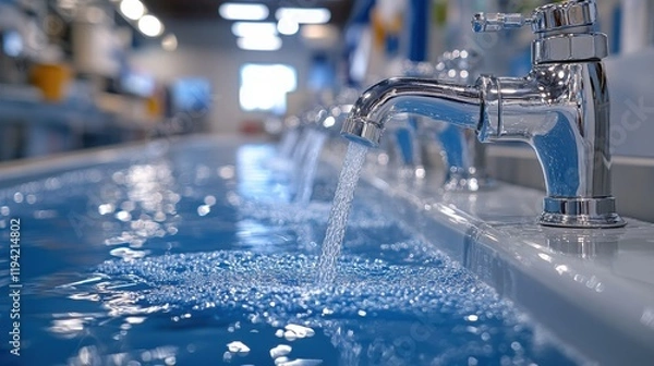Fototapeta Close-Up of Water Flowing from a Modern Faucet into a Bright Blue Pool, Highlighting the Sparkling Texture and Flow Dynamics in a Contemporary Interior Setting