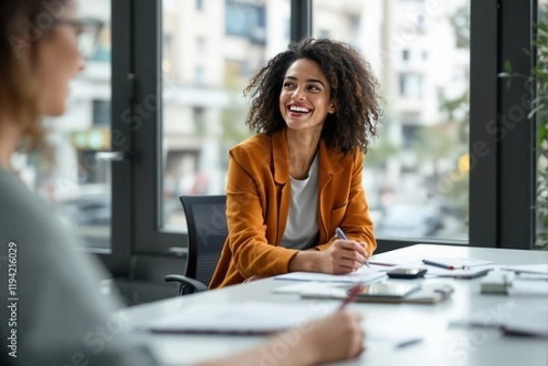Fototapeta Woman in an orange blazer smiling and taking notes while sitting at a desk in a modern office environment with large windows, concept of collaboration. Ai generative