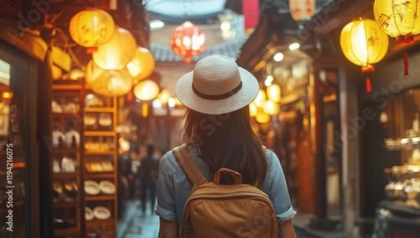 Fototapeta Wanderer Explores Vibrant Night Market with Glowing Lanterns and  Unique Shops, Immersive Travel Experience.