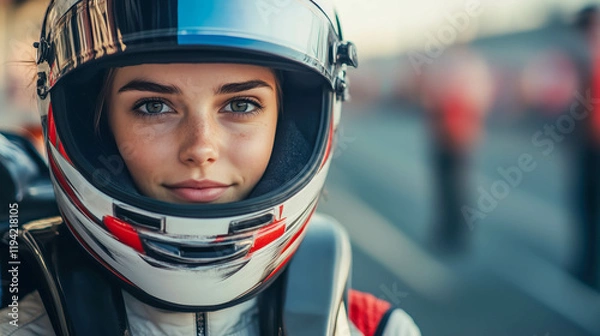 Fototapeta Female kart racer wearing helmet and preparing for race on track