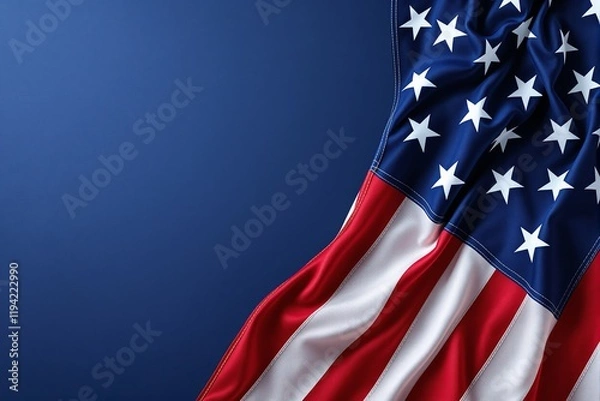 Fototapeta Close-up of the American flag with stars and stripes, detailed fabric texture, on a clean blue background. Concept of patriotism and national pride. Ai generative