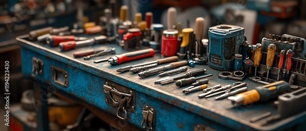 Fototapeta A wellworn toolbox overflowing with a variety of tools and gadgets
