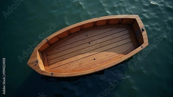 Fototapeta An empty wooden boat in the middle of a pond, top view