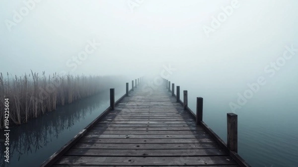 Fototapeta Wooden dock extending into a misty lake, serene and tranquil atmosphere, peaceful scene, fog obscuring the horizon