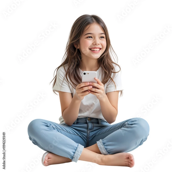 Obraz Happy Girl Child Using Smartphone Smiling Technology kid teen cute calm media jeans young mobile    