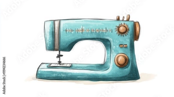 Obraz Vintage Blue Sewing Machine Isolated on White Background Perfect for Craft, Design, Home, Fashion, and Creative Projects, Capturing a Timeless Aesthetic and Nostalgic Charm