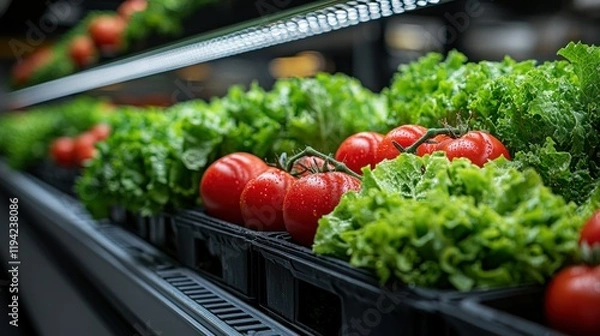 Fototapeta Fresh red tomatoes and green lettuce displayed in a supermarket refrigerator.