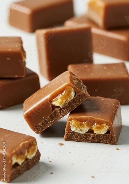 Obraz Close-up of caramel-filled chocolate squares with nuts on light background