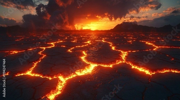 Obraz A cracked desert floor with glowing veins of molten lava in between