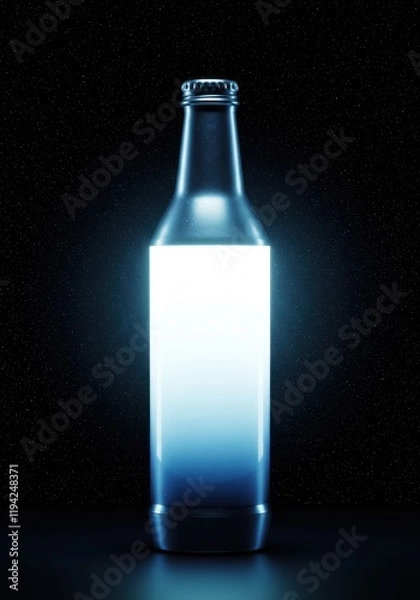 Fototapeta Futuristic glowing bottle: illuminated beverage with neon light effect set against starry background