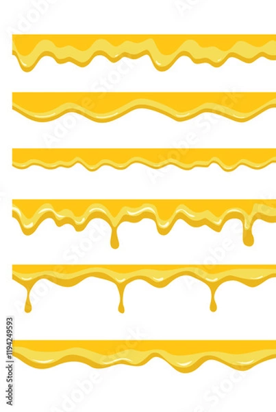 Fototapeta Dripping honey set Honey dripping golden yellow realistic syrup. melting cheese liquid drop border with flat top for top decoration frame vector
