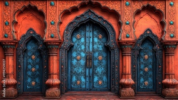 Obraz Ornate blue doors in a vibrant orange building with intricate carvings.