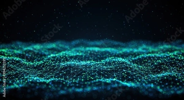 Fototapeta Oceanic digital landscape of neon blue network and data connectivity