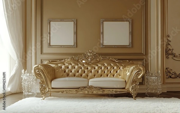 Fototapeta Luxurious gold sofa in elegant room, sunlight streams through window