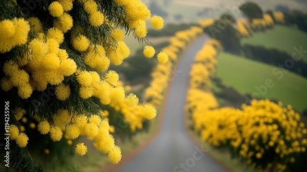 Obraz Winding country road lined with yellow flowering trees, misty hills background. Ideal for travel brochures