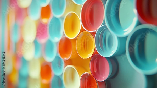 Fototapeta Colorful ceramic plates arranged decoratively on a vibrant wall in a dining space