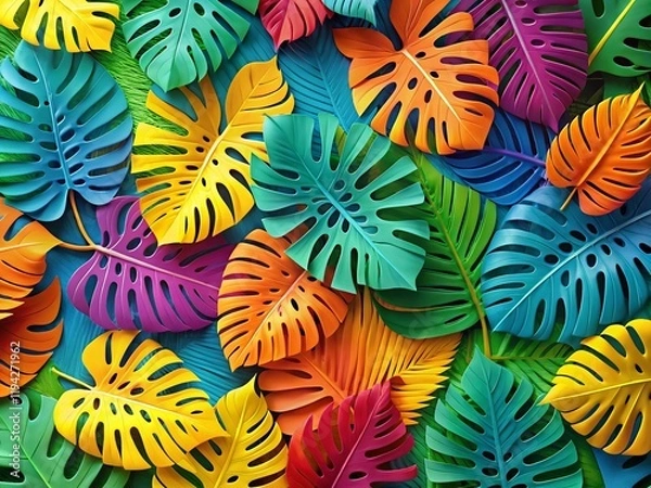 Fototapeta Vibrant Monstera Leaf Frame Paper Cut Tropical Summer Background