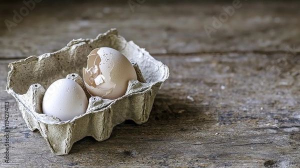 Obraz Empty egg carton on rustic wooden table with cracked eggshell, symbolizing food scarcity and supply chain challenges in modern agriculture and economy.
